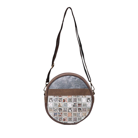 Runde Umhängetasche mit Tauben-Mosaik-Design, braunem Leder und grauem Filz, verstellbarer Schulterriemen