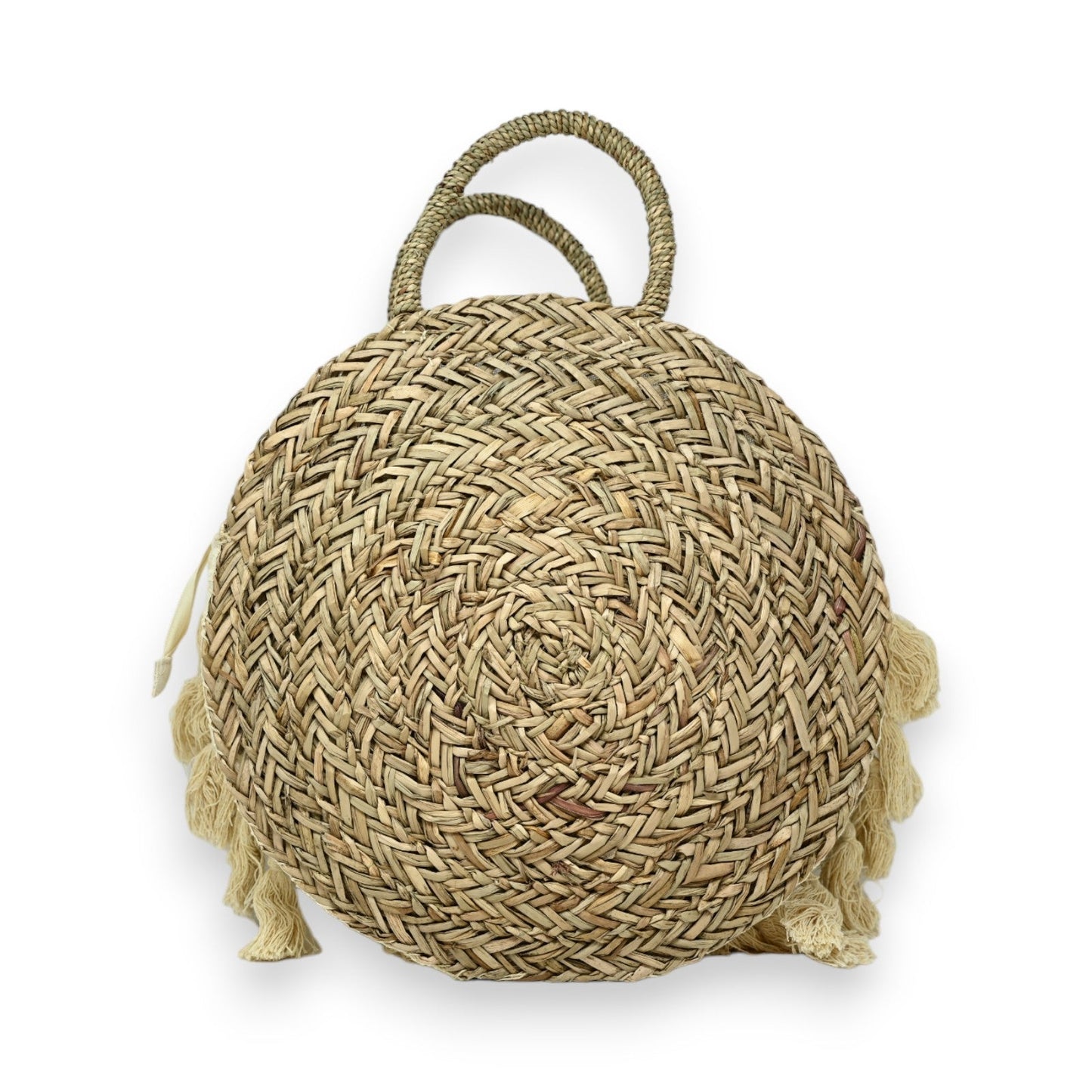 Runder Strohsack im Boho-Stil, beige, mit Griffen und Quasten, handgewebtes Naturmaterial, sommerliche Strandtasche