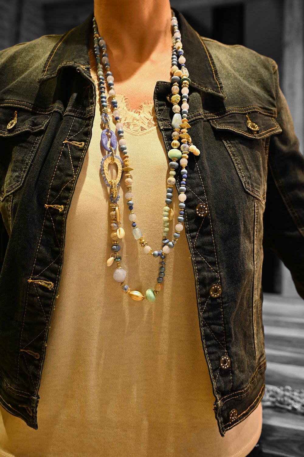 Sautoir Halskette 2 Reihen Blautöne Perlen und Steine