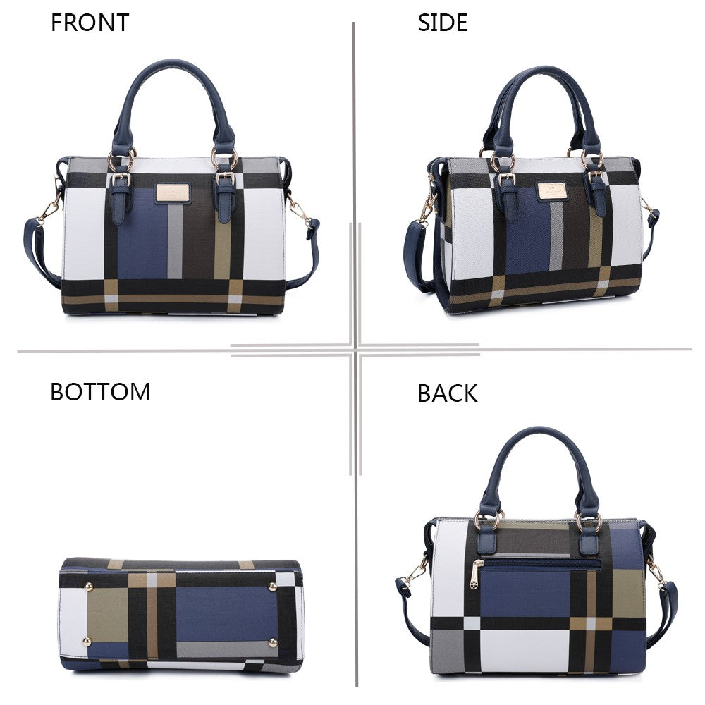 Elegante Damenhandtasche mit kariertem Muster in Blau, Weiß und Beige, von vier Seiten gezeigt: Front, Seite, Boden und Rü...