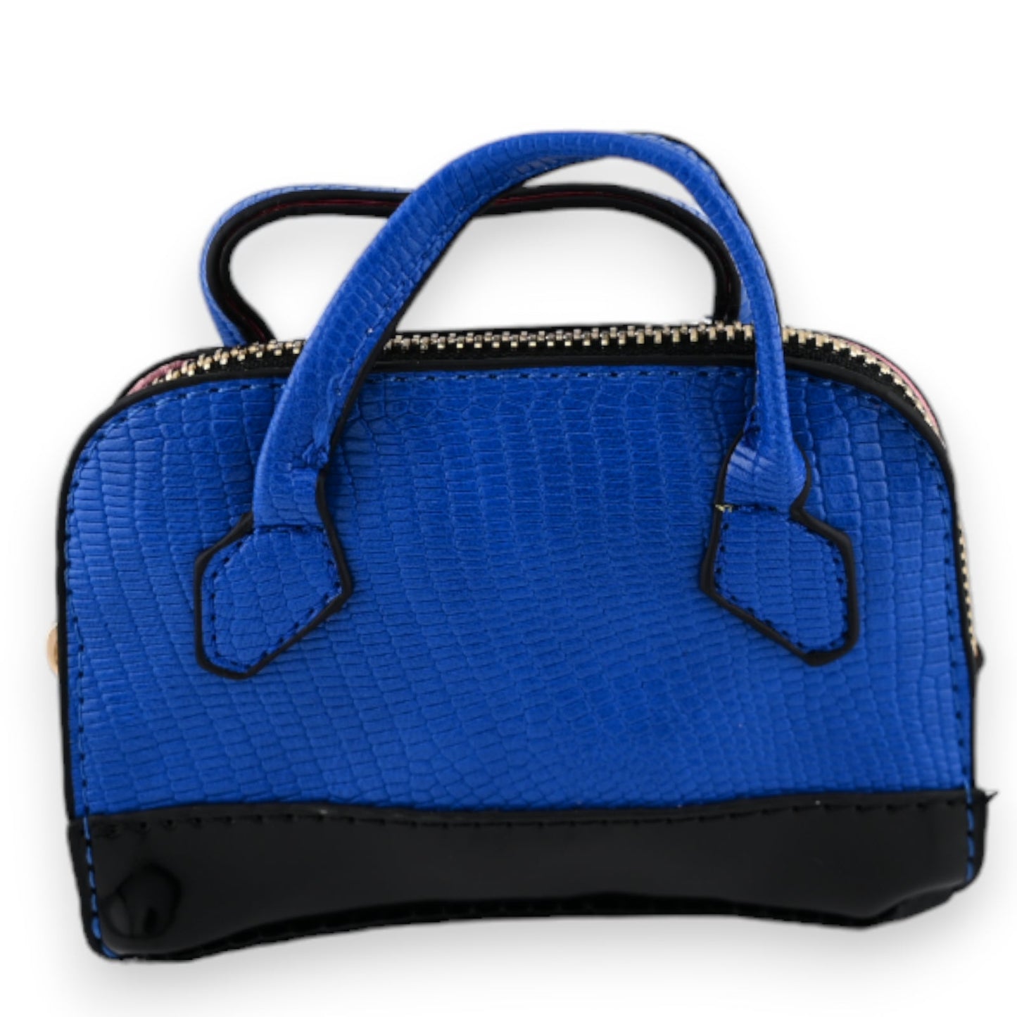 Kleine blaue Handtasche mit Reißverschluss und schwarzem Boden, aus texturiertem Leder, als Schlüsselanhänger oder Geldbörse