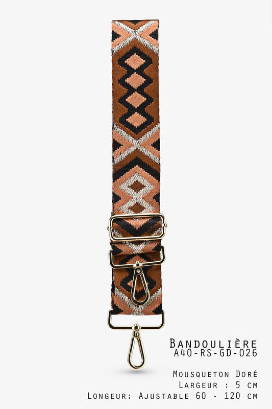 Ethnischer Schulterriemen in Camel und Braun mit geometrischem Muster, Goldschnallen, 5 cm breit, 60-120 cm lang