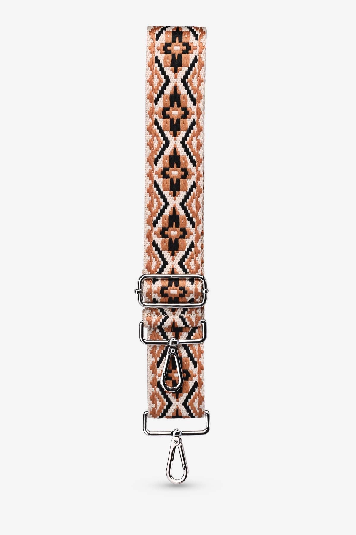 Ethnischer Schulterriemen mit geometrischem Muster in Camel und Schwarz, verstellbare Metallschnallen und Karabinerhaken
