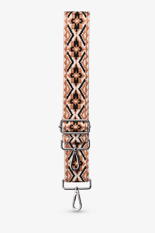 Ethnischer Schulterriemen mit geometrischem Muster in Camel und Schwarz, verstellbare Metallschnallen und Karabinerhaken