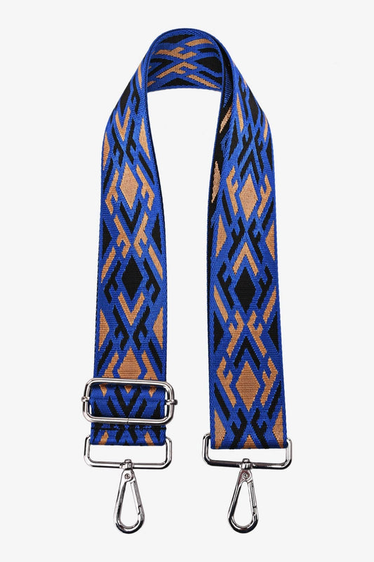 Gewebter Schulterriemen in Königsblau, Orange und Schwarz mit ethnischem Muster und Metallkarabinern