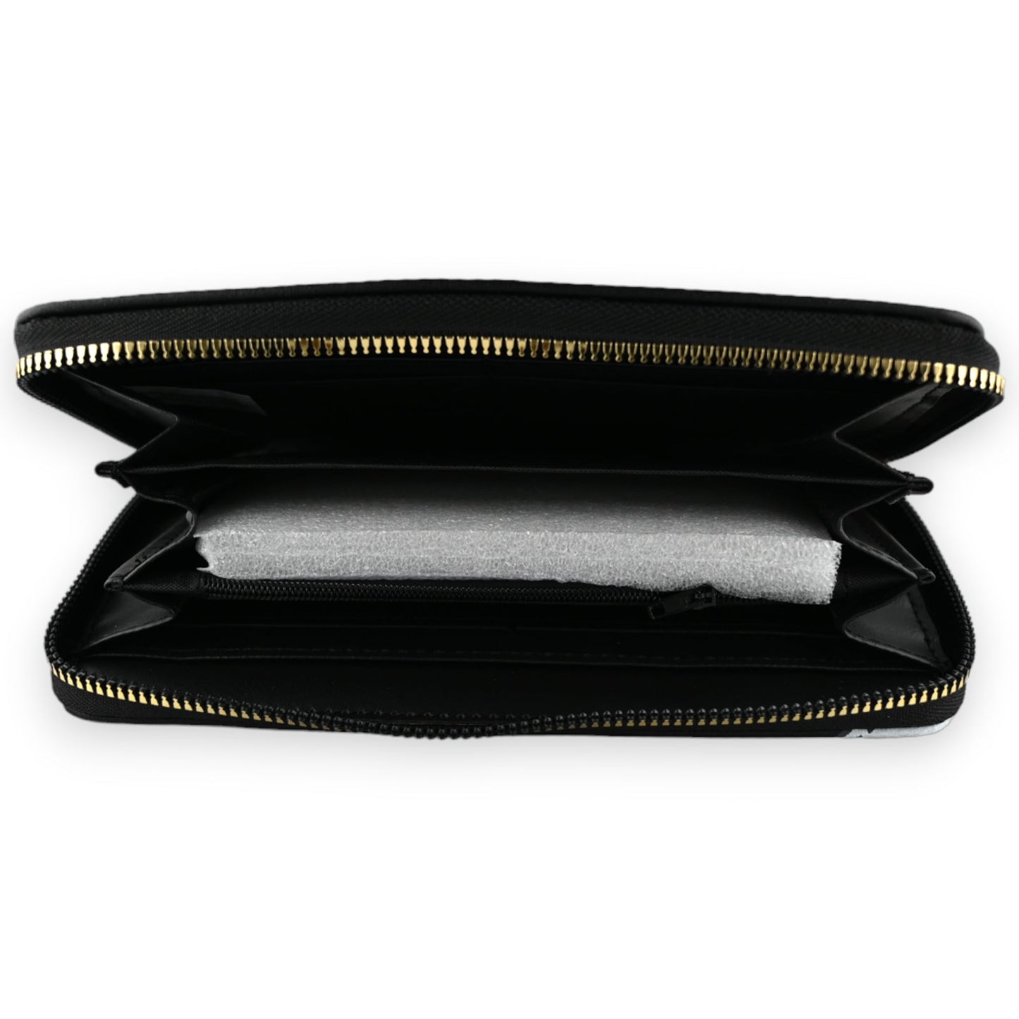 Schwarze Brieftasche mit Reißverschluss, geöffnet, zeigt mehrere Fächer und ein graues Innenfutter