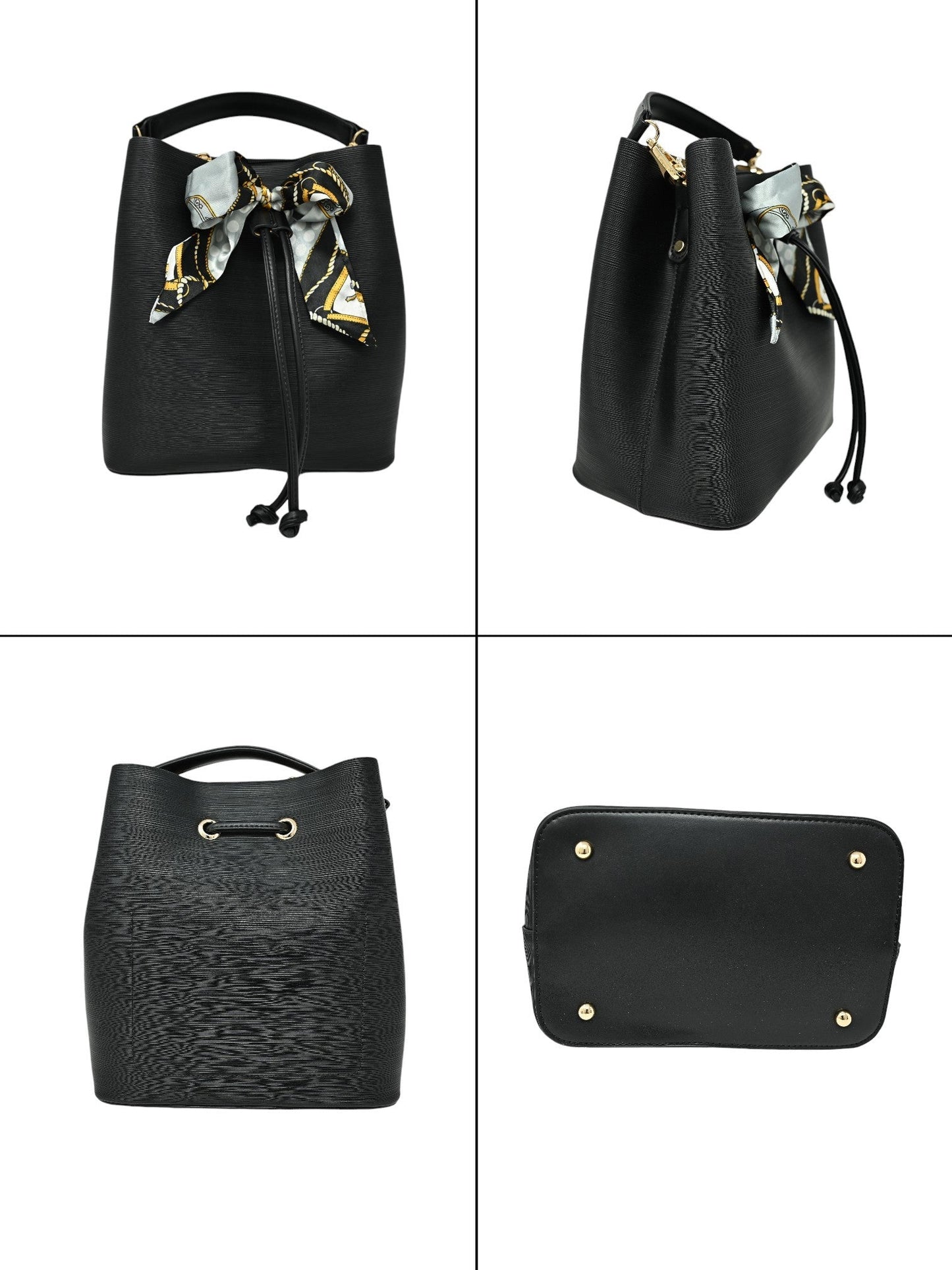 Elegante schwarze Bucket-Tasche mit texturiertem Leder, Zugverschluss, Seidenschal-Dekoration und goldfarbenen Details