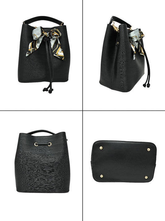 Elegante schwarze Bucket-Tasche mit texturiertem Leder, Zugverschluss, Seidenschal-Dekoration und goldfarbenen Details