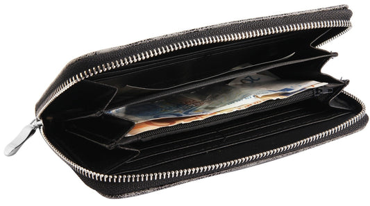 Schwarze Damen Geldbörse mit Reißverschluss, mehreren Fächern und Kartenschlitzen, enthält Geldscheine, geöffnet
