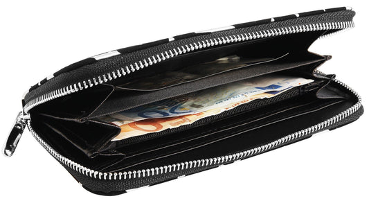 Schwarze Damen-Geldbörse mit silbernen Sternen, Reißverschluss und mehreren Fächern für Geldscheine und Karten