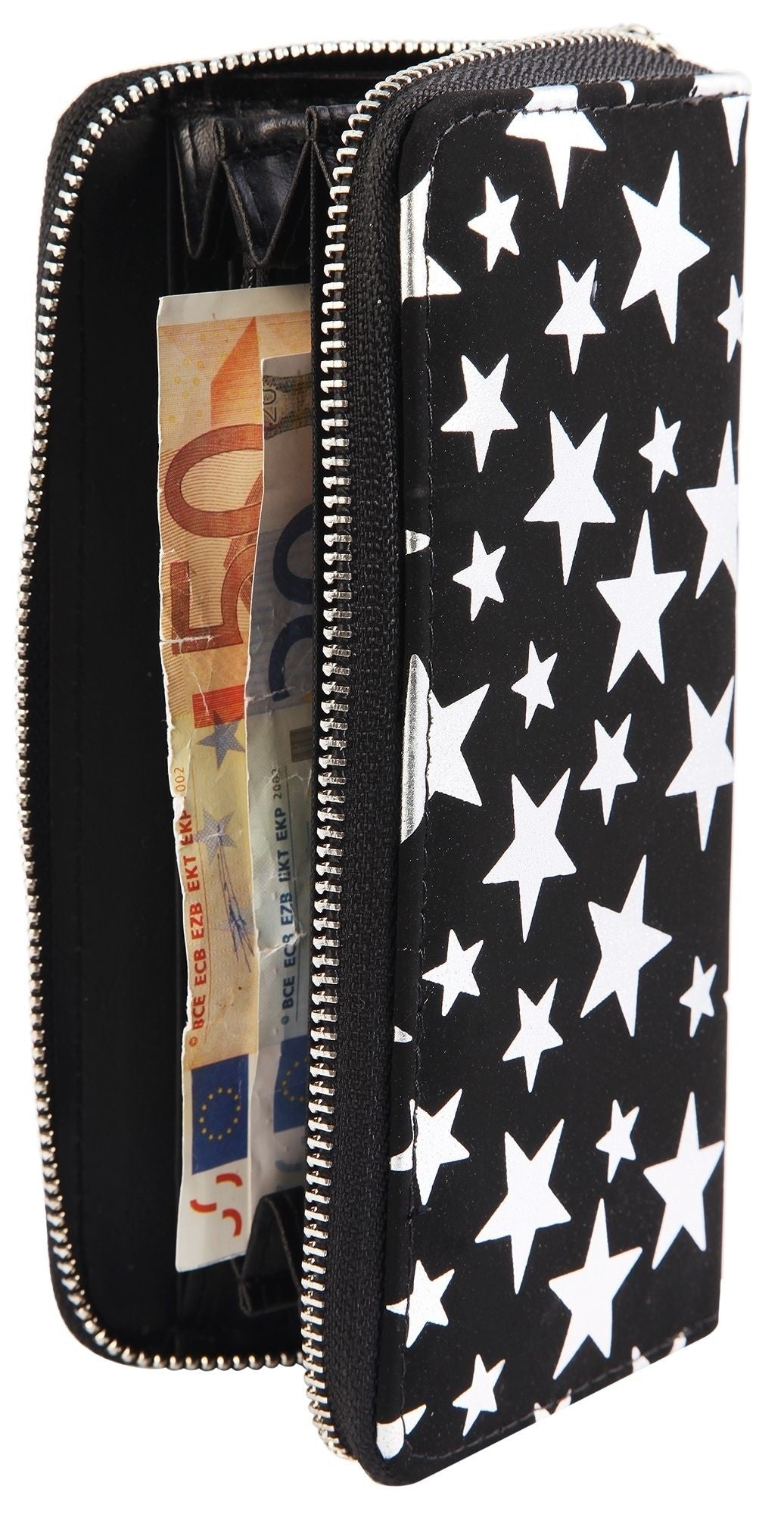 Schwarze Damen-Geldbörse mit silbernen Sternen, Reißverschluss und Euro-Banknoten im Inneren, geöffnet