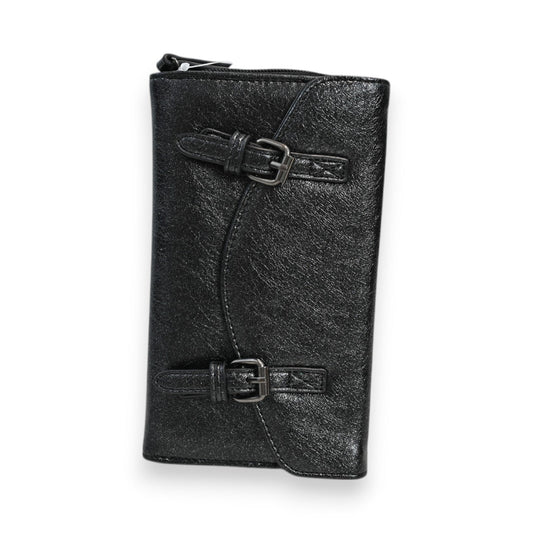 Elegante schwarze Lederbörse mit Reißverschluss und dekorativen Schnallen, Modell Mélanie Paris Elegance