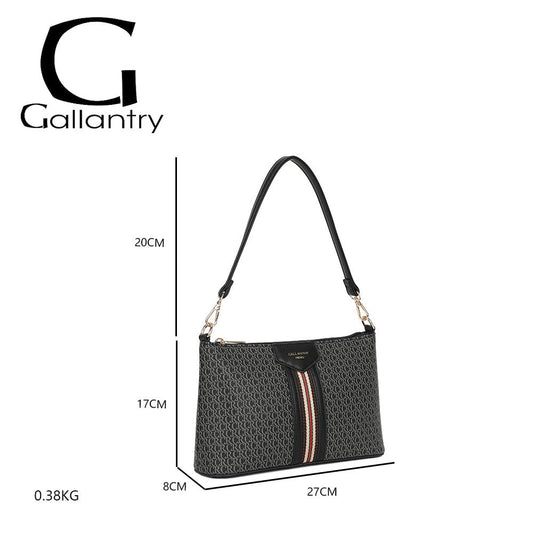 Schwarze Gallantry Handtasche mit Muster, Streifen und Maßangaben. Elegantes Design für urbanen Stil.