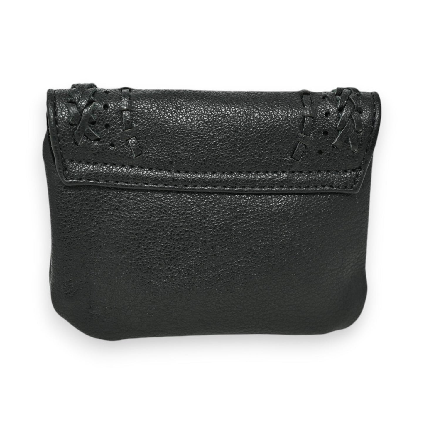 Schwarze Leder-Geldbörse mit geflochtenem Rand, kompaktes Design, strukturierte Oberfläche, ideal für Alltag