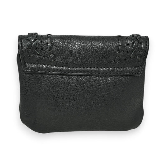 Schwarze Leder-Geldbörse mit geflochtenem Rand, kompaktes Design, strukturierte Oberfläche, ideal für Alltag