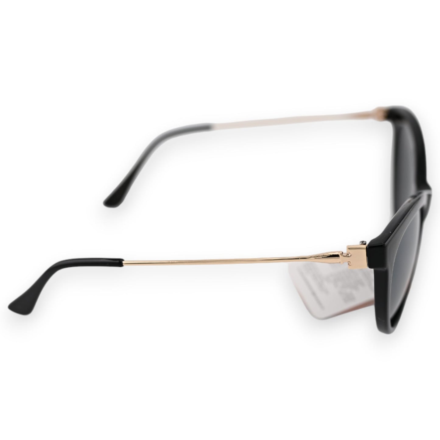 Elegante schwarze Fliegerbrille mit goldfarbenen Bügeln, seitliche Ansicht, auf weißem Hintergrund