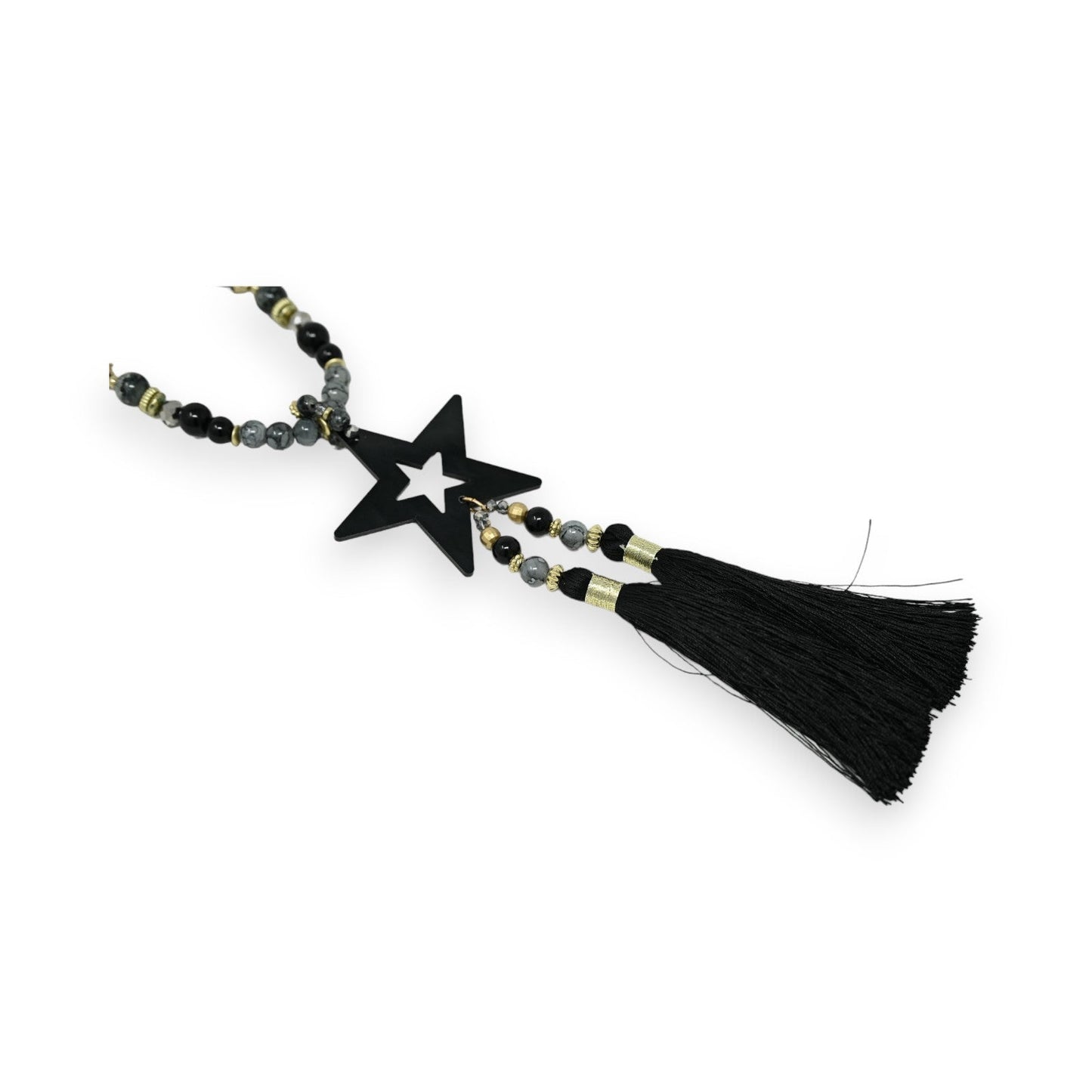 Halskette mit schwarzen und grauen Perlen, Sternenanhänger und schwarzer Quaste, eleganter Boho-Schmuck