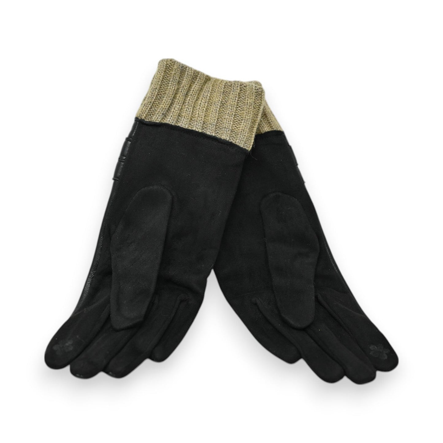 Elegante schwarze Handschuhe mit taupefarbenem Strickbund, aus drei Materialien gefertigt, auf weißem Hintergrund