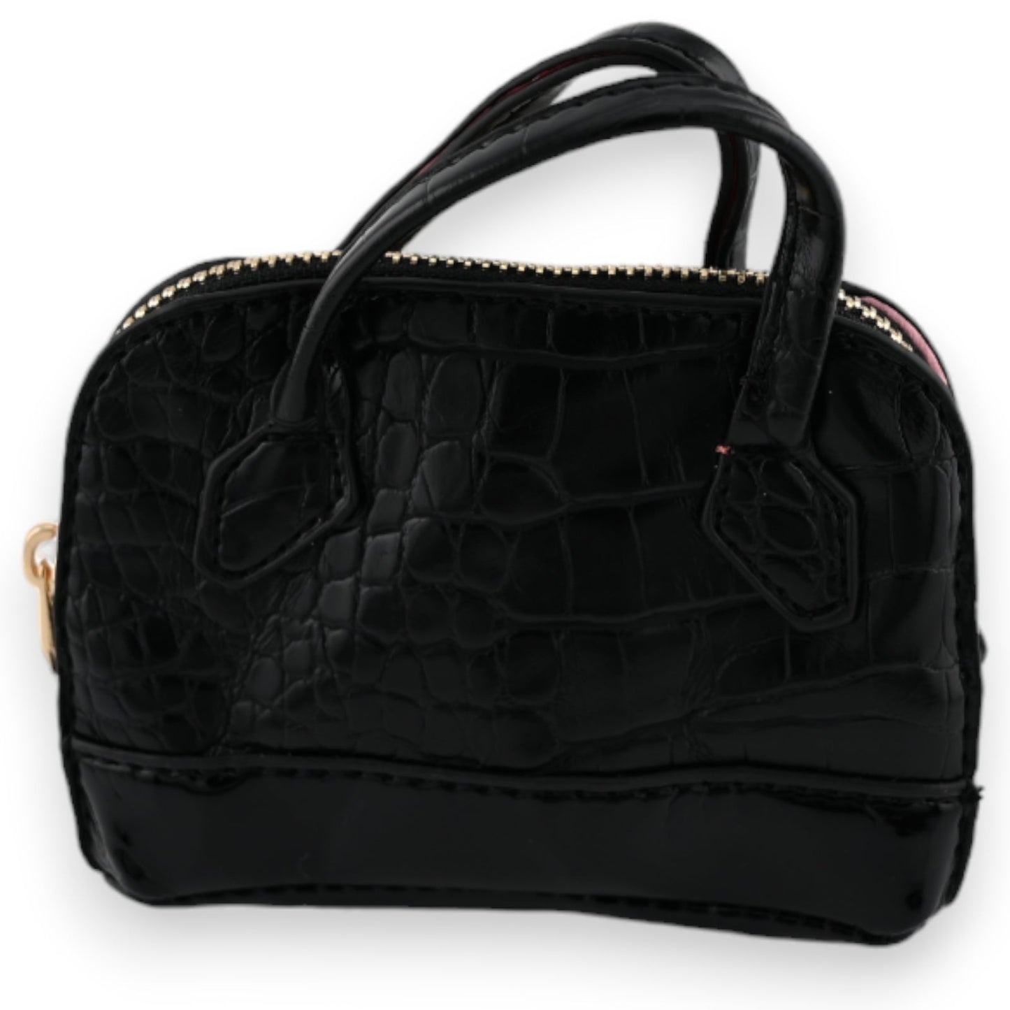 Kleine schwarze Handtasche mit Krokodilleder-Optik, Reißverschluss und doppelten Henkeln, elegantes Design