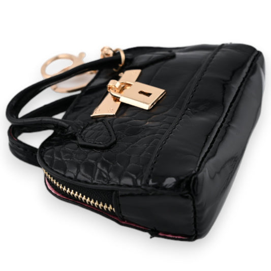 Schwarze Kroko-Geldbörse mit Schlüsselanhänger, Reißverschluss und goldenem Schloss, elegantes Design für Damen