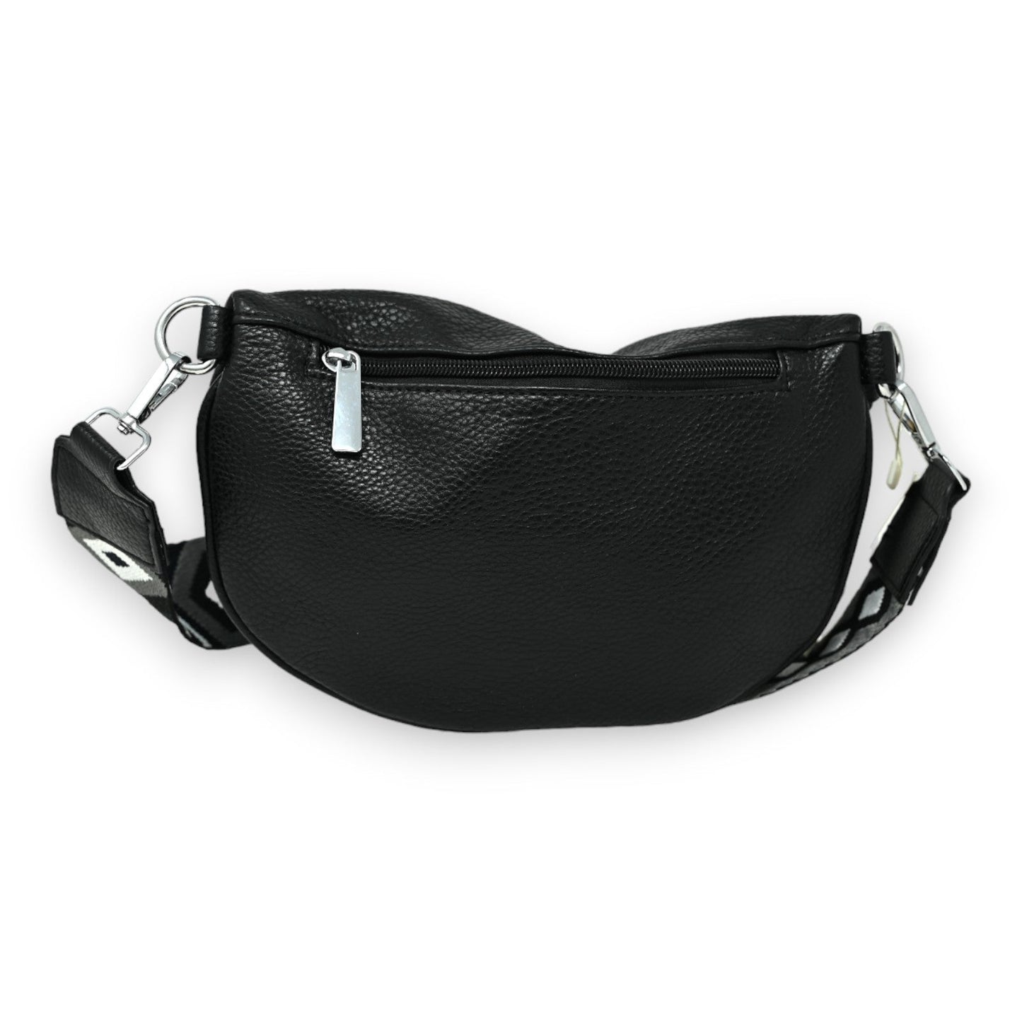 Schwarze Leder-Bauchtasche mit verstellbarem Gurt, Reißverschluss und silbernen Beschlägen als vielseitige Umhängetasche