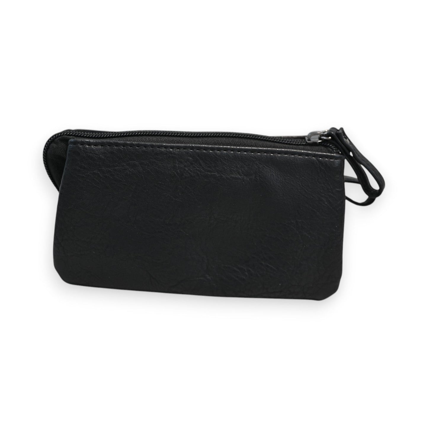 Schwarze Leder-Clutch mit Reißverschluss, kompakte Mehrfach-Geldbörse von Mélanie Paris, elegantes Design