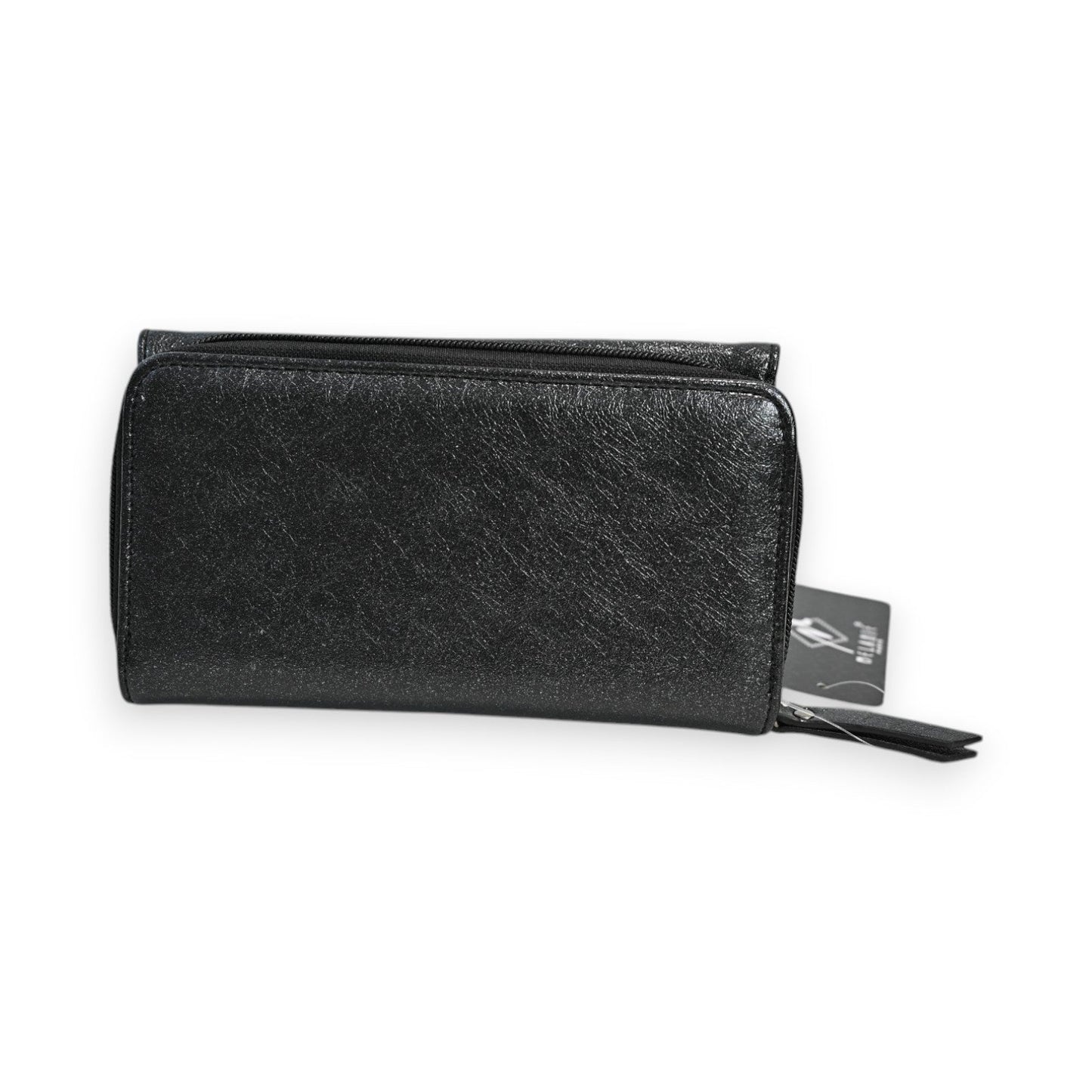 Elegante schwarze Leder-Geldbörse Mélanie Paris Elegance mit Reißverschluss und Etikett, auf weißem Hintergrund