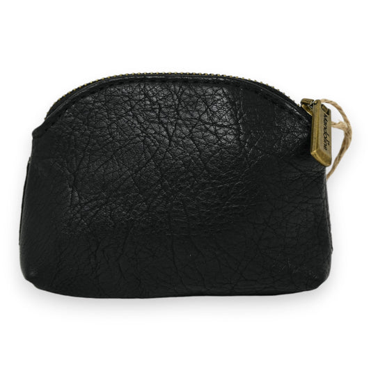 Kleine schwarze Lederbörse mit Reißverschluss und goldfarbenem Anhänger, strukturierte Oberfläche, abgerundete Form