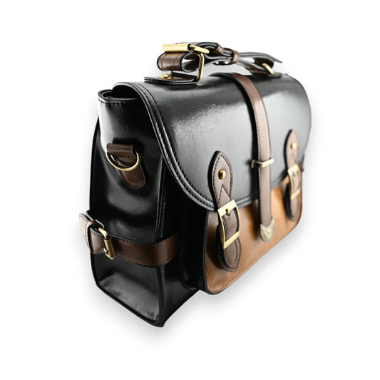 Schwarze und kamelfarbene Vintage-Schultasche aus Leder mit Schnallen und Riemen, elegantes Design für Alltag und Büro