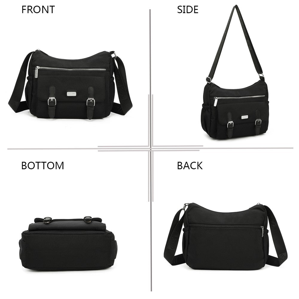 Schwarze Mehrtaschen-Umhängetasche Gallantry Paris, Front-, Seiten-, Rück- und Bodenansicht, vielseitig und praktisch