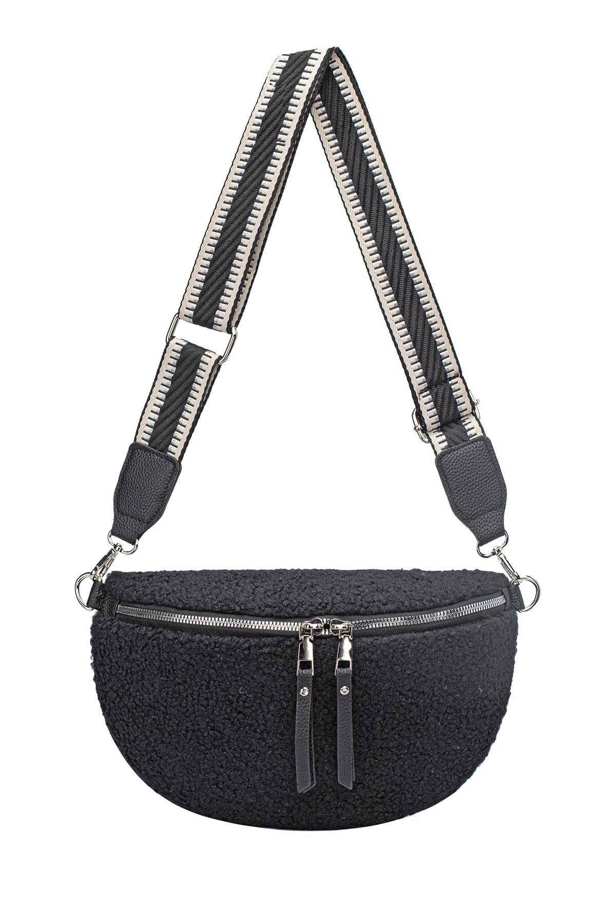 Schwarze Plüsch-Bauchtasche mit Schultergurt von David Jones