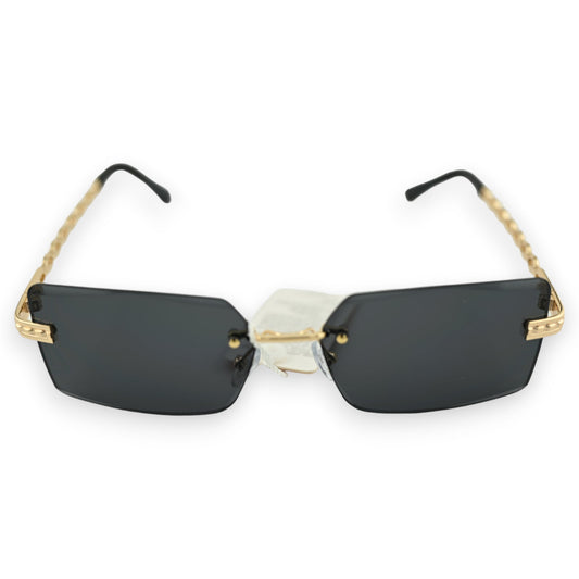 Schwarze quadratische Sonnenbrille mit goldenem Rahmen, randlose Gläser und dünne Bügel, elegantes Design