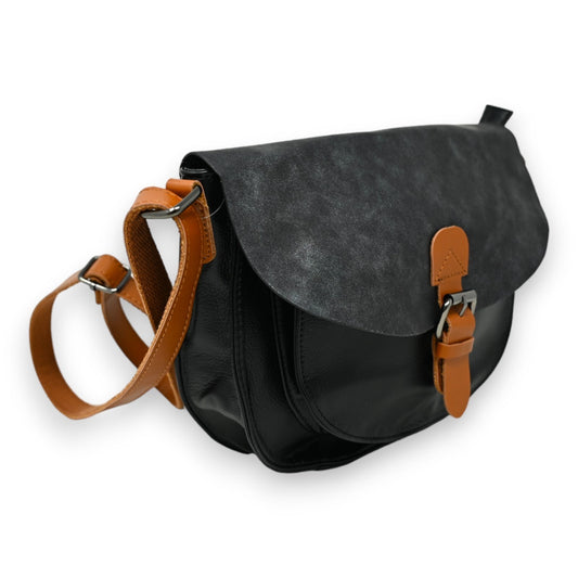 Schwarze Schultertasche aus Leder und Wildleder mit braunem Riemen und Schnallen, abgerundete Form