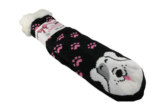 Schwarze Socken-Pantoffeln mit weißem Hundekopf-Motiv und rosa Pfotenabdrücken, flauschiger Schaft, Größe 36-41