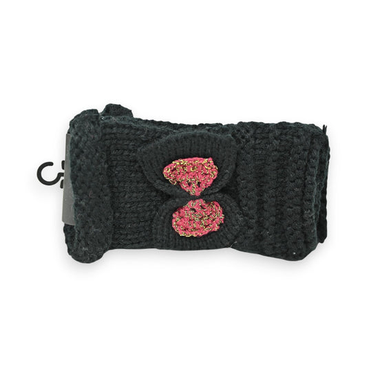 Schwarze Strickhandschuhe mit burgunderroter Schleife aus glitzerndem Garn, handgefertigt, warme Winteraccessoires