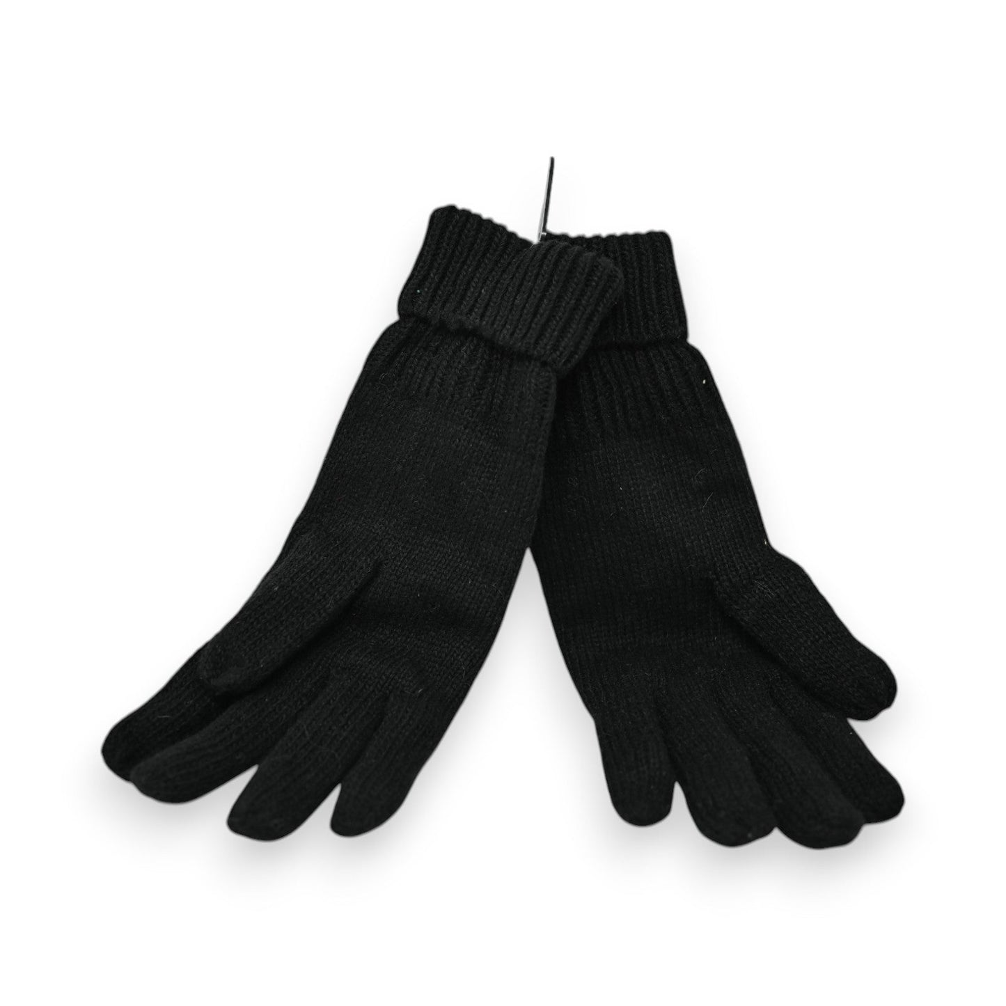 Schwarze Strickhandschuhe mit langen Bündchen, auf weißem Hintergrund präsentiert. Elegante Winteraccessoires.