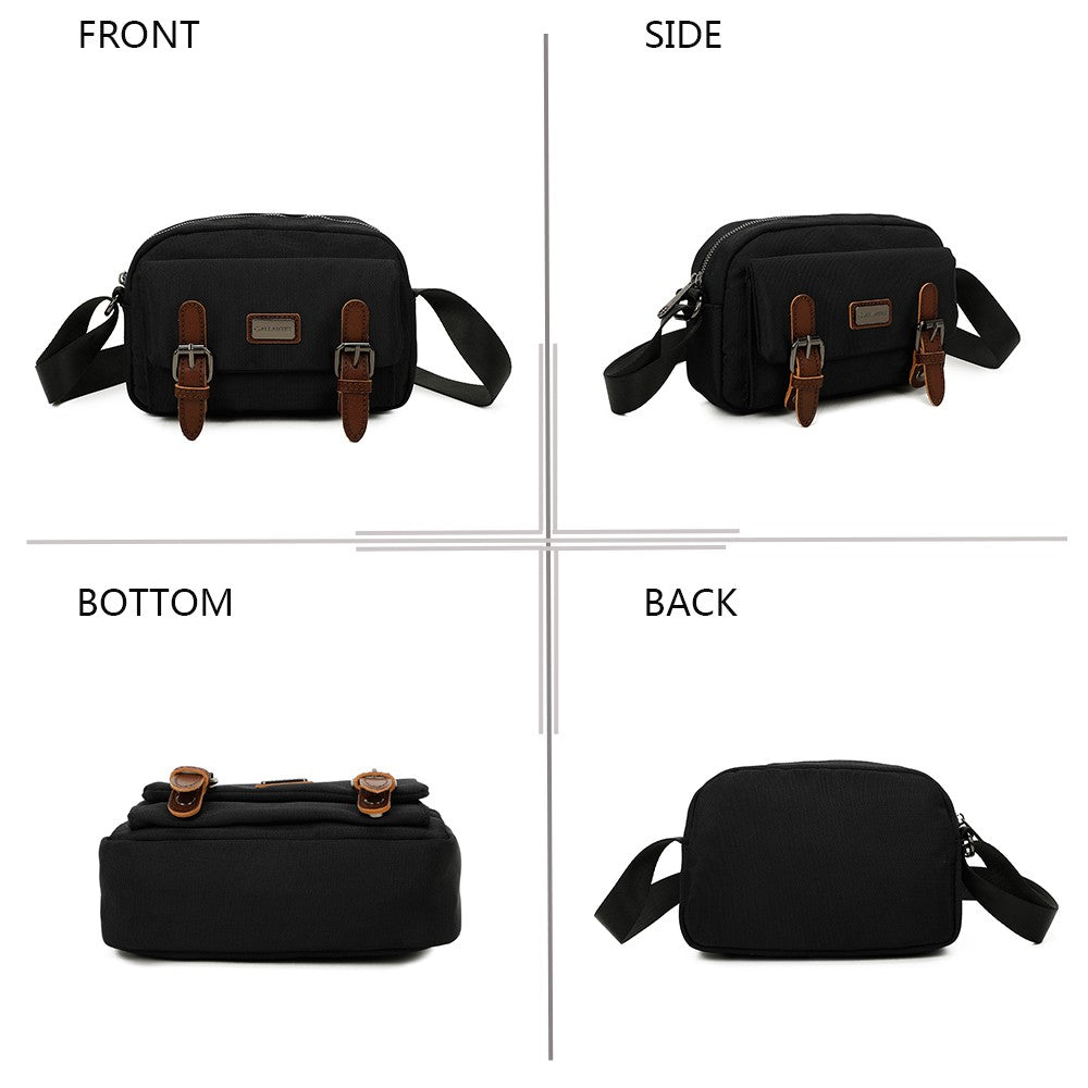 Schwarze Umhängetasche mit braunen Lederriemen, kompaktes Design, vier Ansichten: Vorderseite, Seite, Unterseite und Rücks...