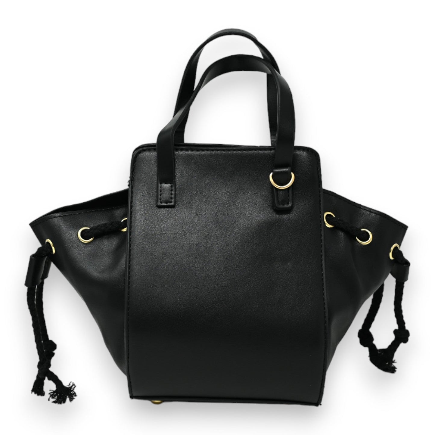Schwarze Lederhandtasche mit goldenen Details, Tragegriffen und Kordelzug-Seitenteilen, elegant und geräumig