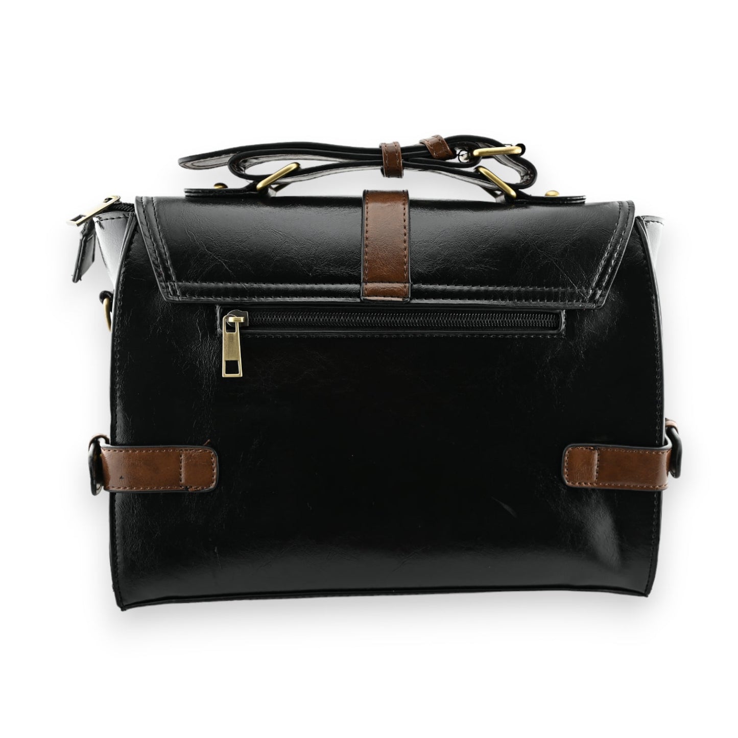 Elegante schwarze Vintage-Schultasche mit braunen Lederakzenten, Reißverschluss und verstellbarem Schulterriemen