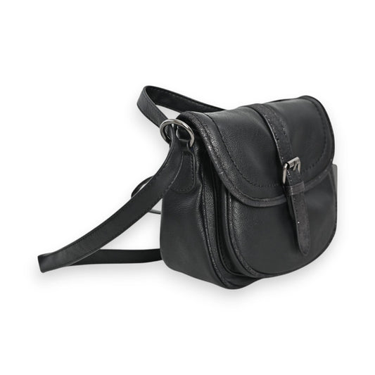 Schwarze Vintage-Umhängetasche aus Leder mit Überschlagklappe, Schnallenverschluss und verstellbarem Schulterriemen