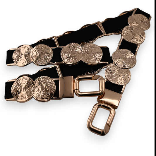 Elastischer schwarzer Damengürtel mit goldenen Münzdetails, verstellbare Schnalle, modisches Accessoire