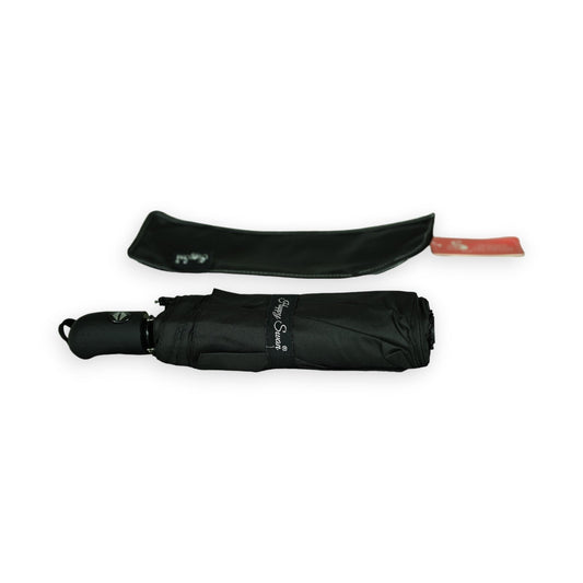 Schwarzer halbautomatischer Klappschirm mit Hülle, kompakt und elegant, geeignet für Reisen und Alltag