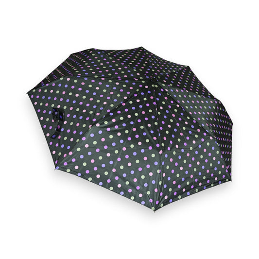 Schwarzer Regenschirm mit bunten Punkten in Lila, Rosa und Hellgrün, faltbar und manuell zu öffnen