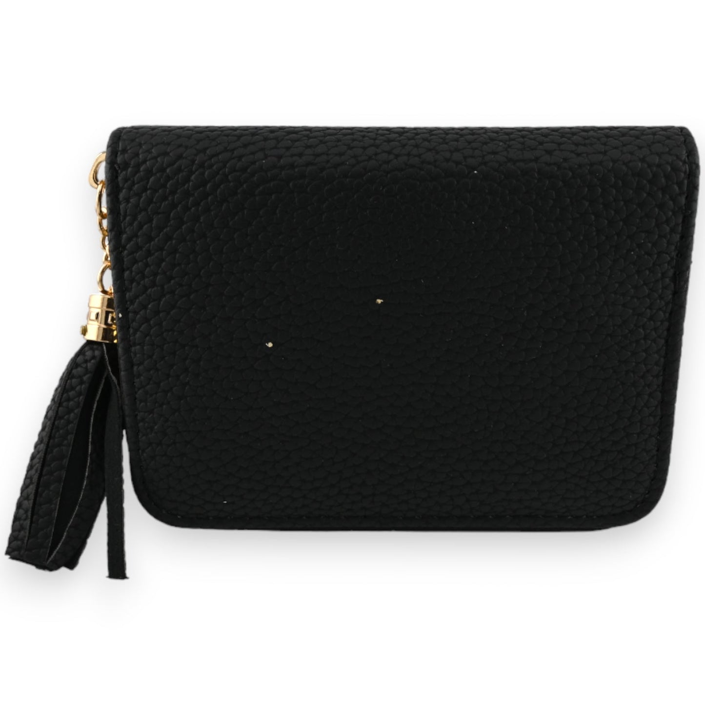 Schwarzes Leder-Portemonnaie mit Sternen-Detail, Reißverschluss und Quaste, elegantes Design für Damen