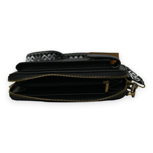 Schwarze Schultertasche mit geometrischem Muster, Handytasche und Portemonnaie mit goldenem Reißverschluss