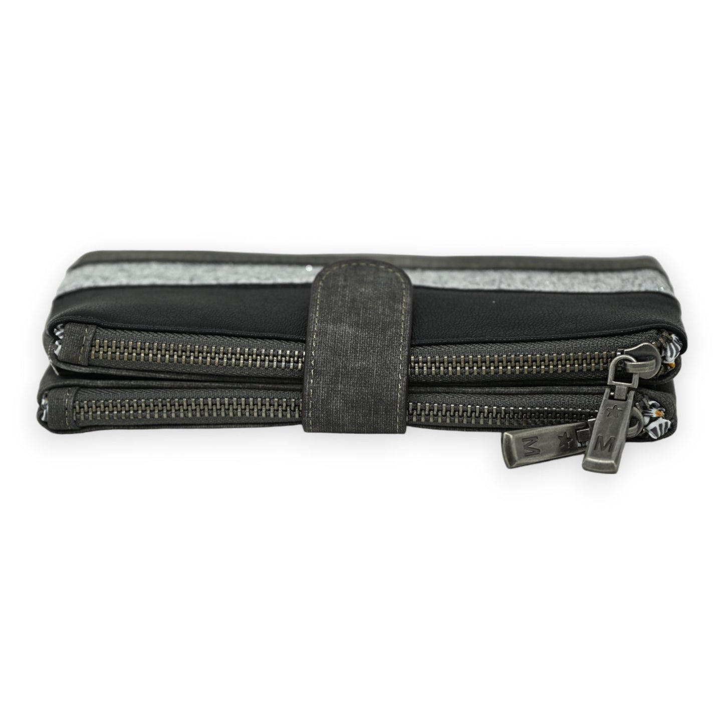 Schwarzes und silbernes Leder-Portemonnaie mit Doppelreißverschluss und Metallverschlüssen, kompaktes Design