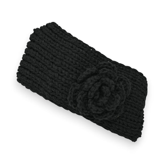 Schwarzes Strick-Stirnband mit großer Blumenverzierung, warmes Winteraccessoire für Damen, handgefertigter Kopfschmuck