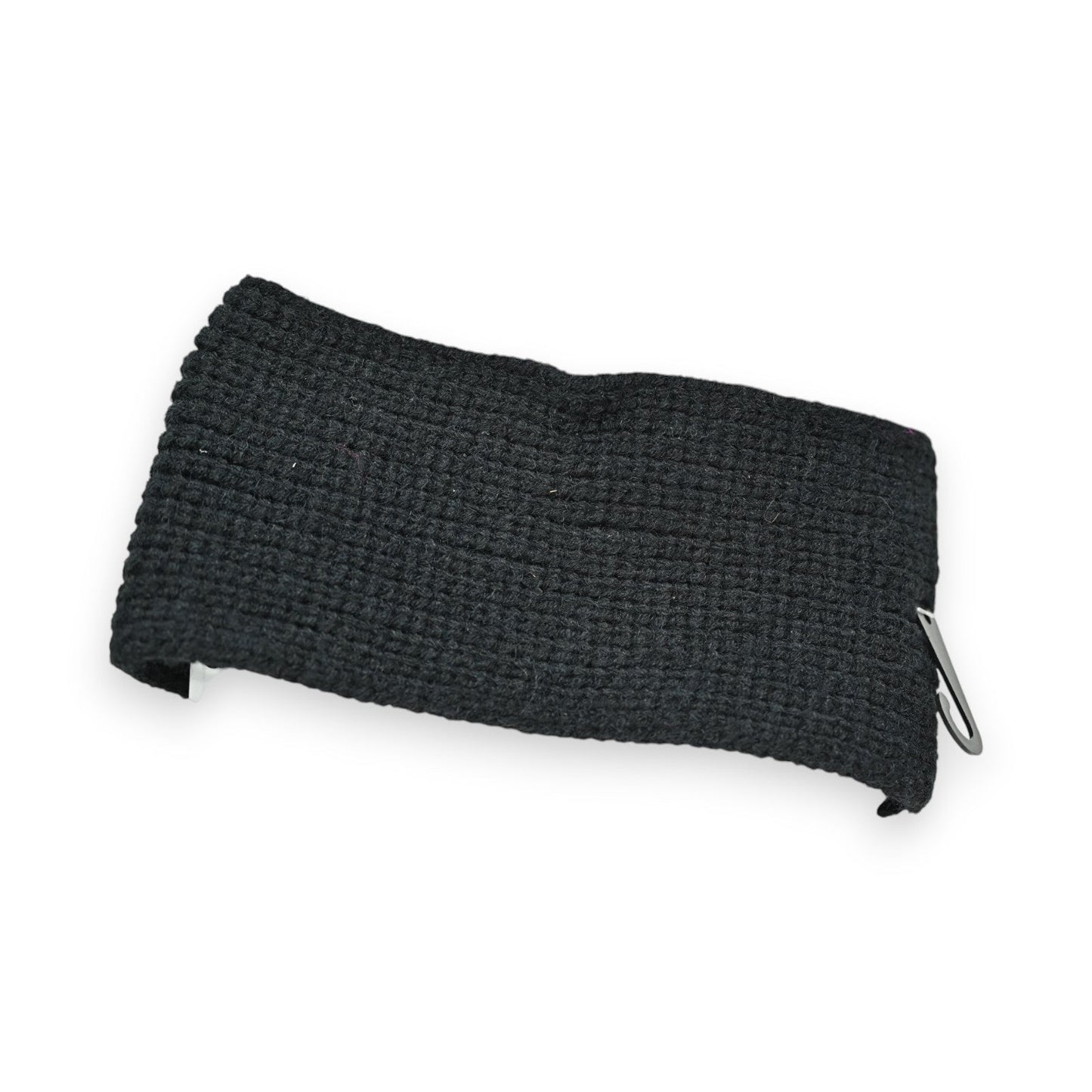Schwarzes Strick-Stirnband aus dickem Wollmaterial mit Holzknopf-Verschluss für den Winter, breiter Strickstil