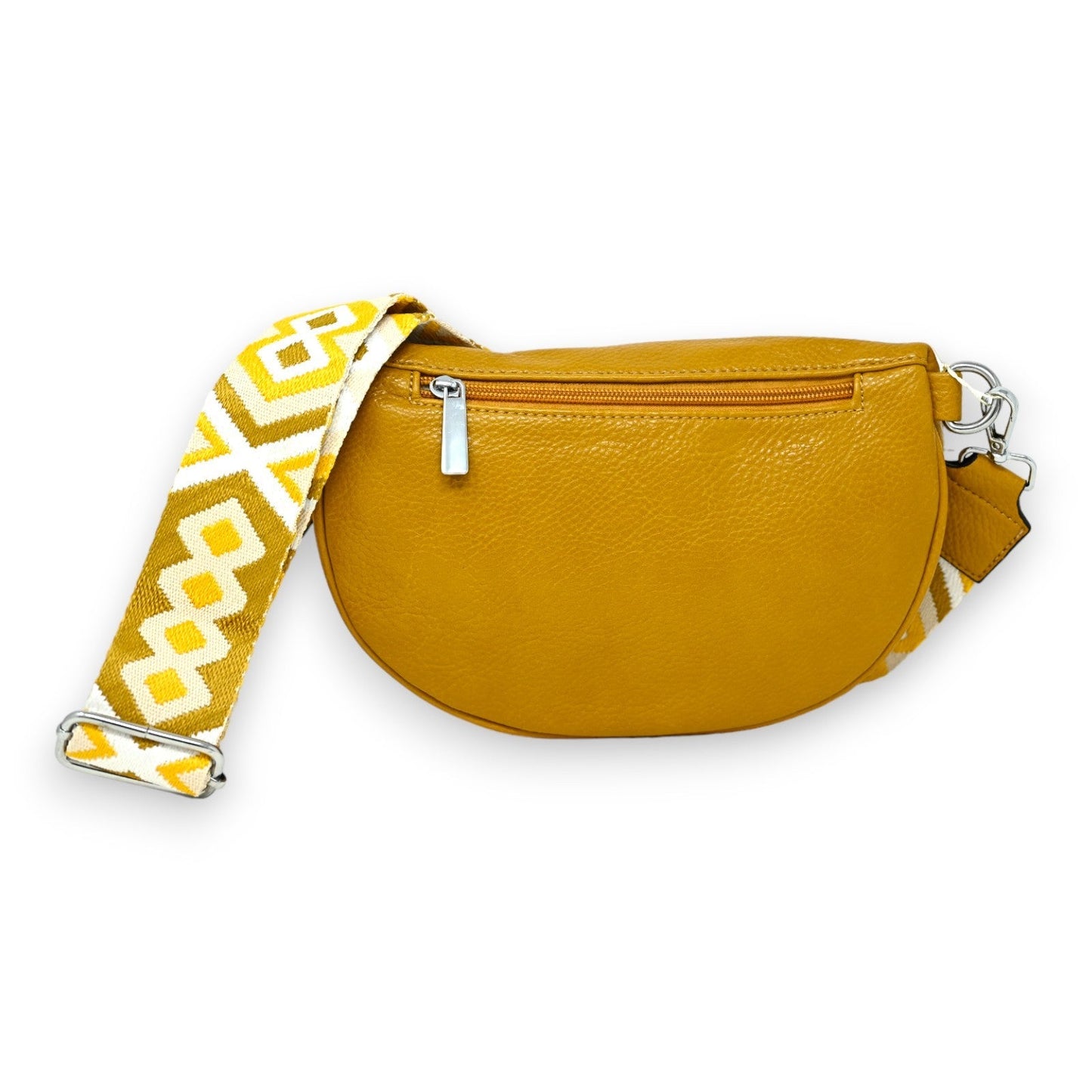Senfgelbe Leder-Bauchtasche mit geometrischem Schulterriemen, Reißverschluss und silbernen Details auf weißem Hintergrund