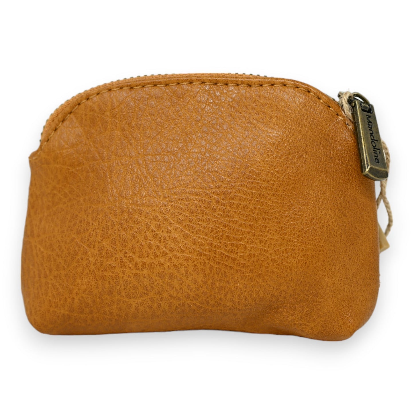 Kleine senfgelbe Leder-Geldbörse mit Reißverschluss und texturierter Oberfläche, Markenlogo auf Reißverschluss sichtbar